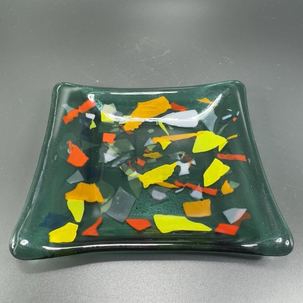 Vintage Hand Made Fused Art Glass Trinket Dish With Multicolored Squares Decor